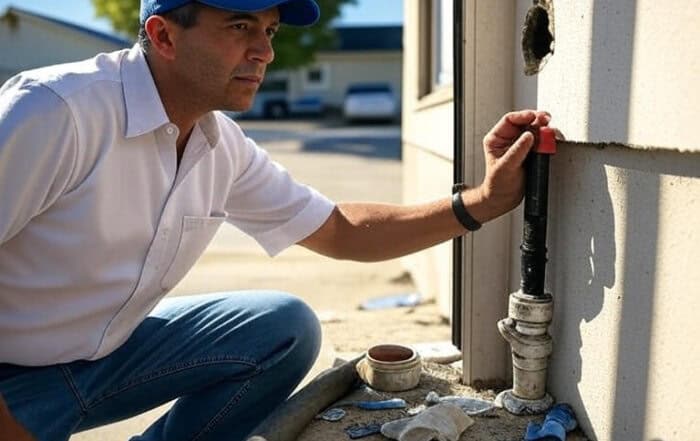 Plumber assessing pipe burst